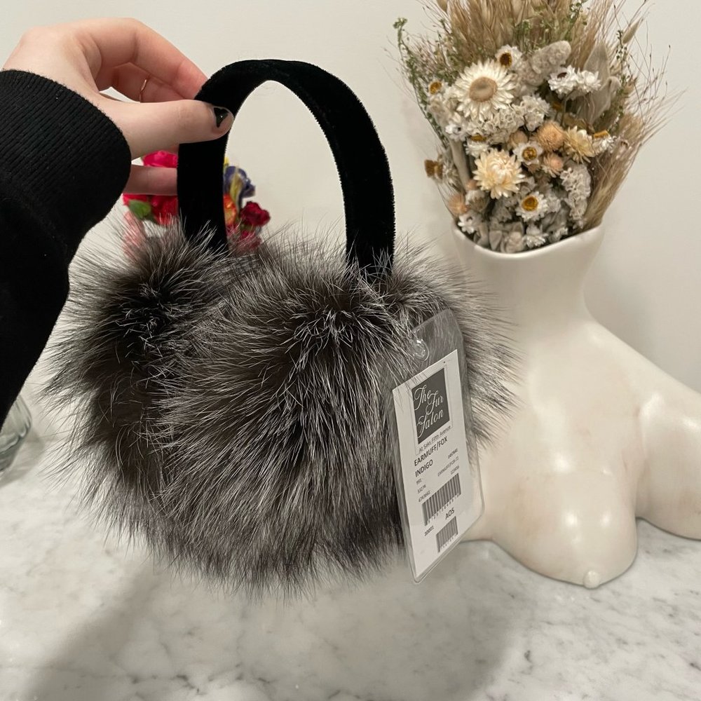 Saks Fur Salon Grey Fox Fur Earmuffs NWT
